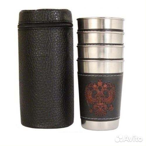 Набор стопок металлических в коже (4 шт) в чехле м