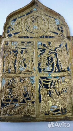 Складень Икона XIX века Бронза Эмаль с позолотой