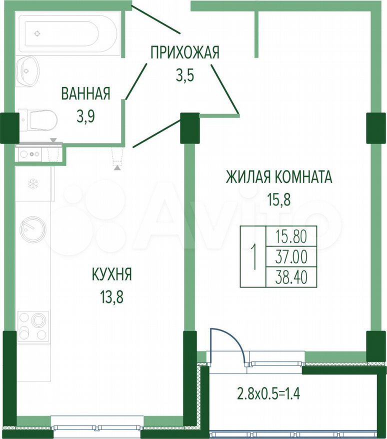 1-к. квартира, 39,3 м², 2/7 эт.