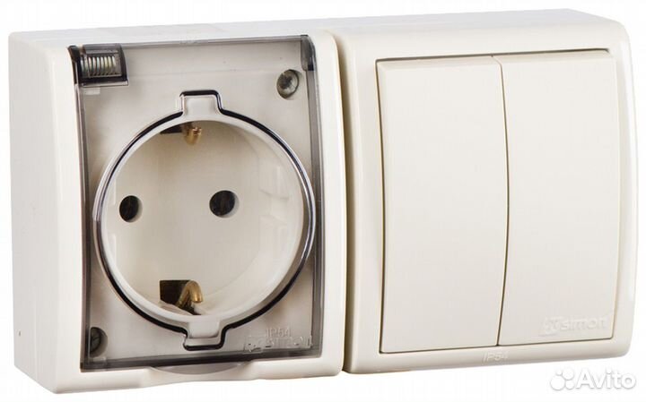 Simon 15 Aqua Бежевый Блок: Розетка 2P+E Schuko 16А 250В + выключатель двойной 10А 250В, IP54