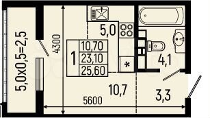 Квартира-студия, 25,6 м², 4/13 эт.