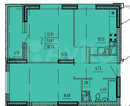 2-к. квартира, 58,3 м², 6/22 эт.