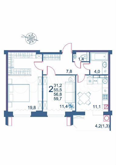2-к. квартира, 59,7 м², 4/9 эт.