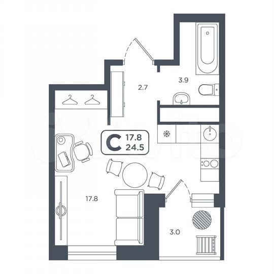 Квартира-студия, 24,6 м², 13/22 эт.