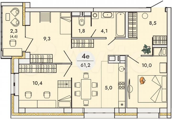 4-к. квартира, 61,2 м², 4/16 эт.