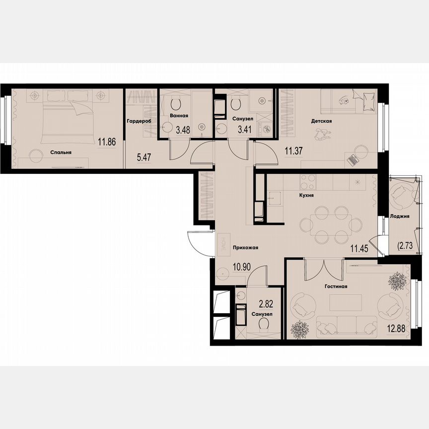 3-к. квартира, 75 м², 10/12 эт.