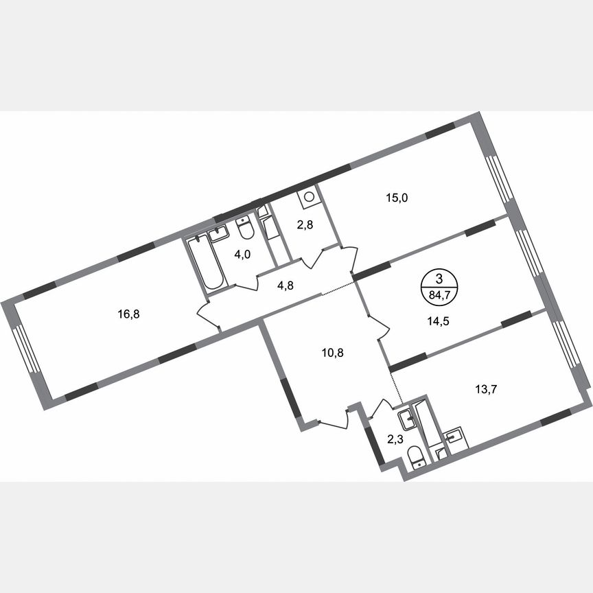 3-к. квартира, 84,7 м², 15/17 эт.