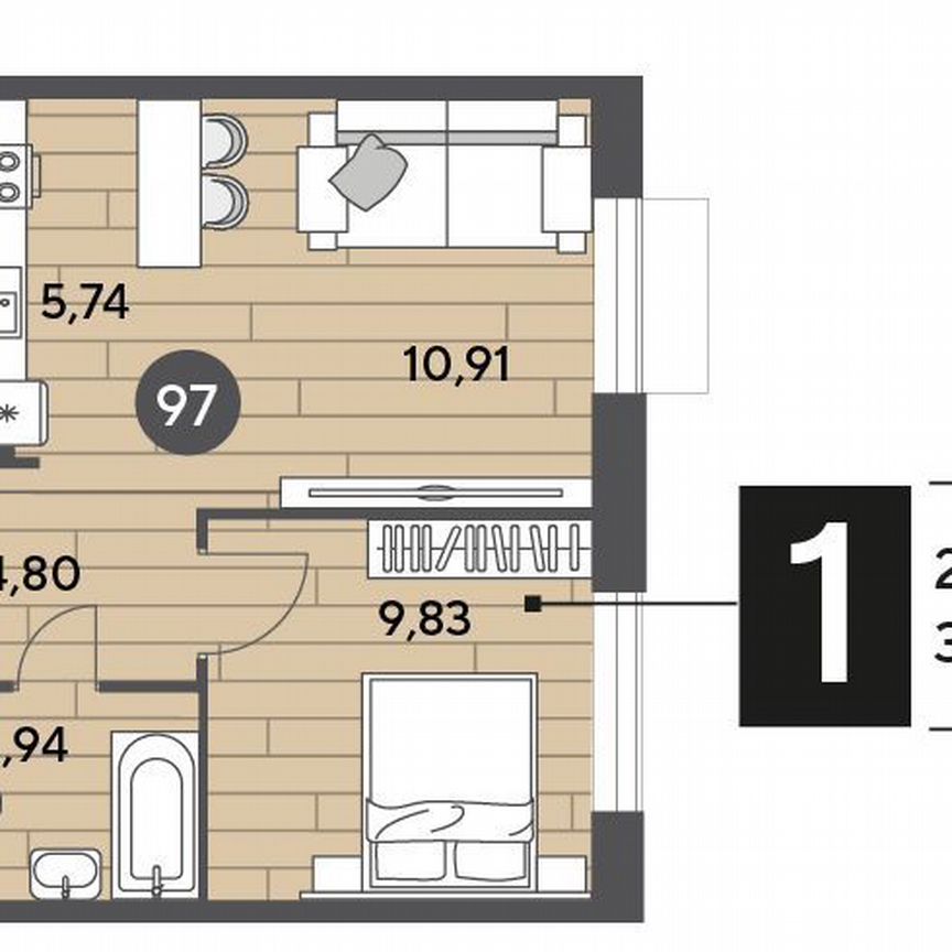 1-к. квартира, 35,2 м², 2/14 эт.