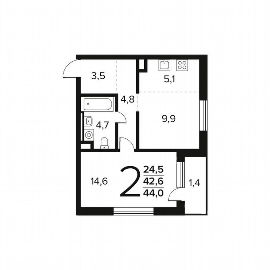 2-к. квартира, 44 м², 2/14 эт.