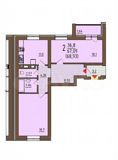 2-к. квартира, 68,9 м², 2/9 эт.