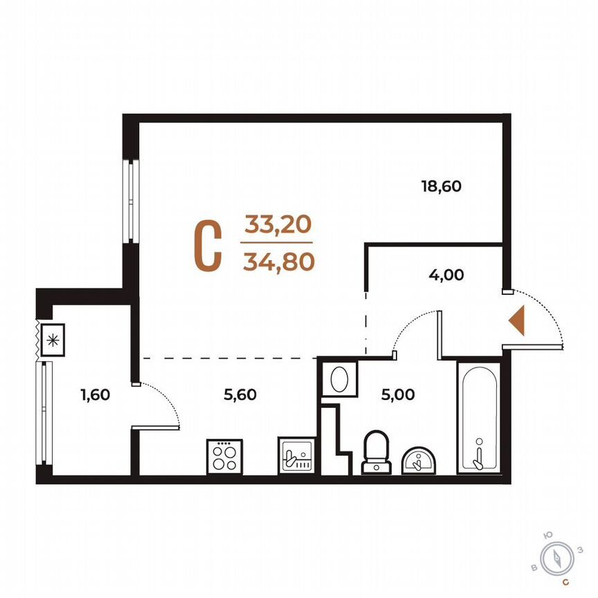 Квартира-студия, 34,8 м², 6/8 эт.