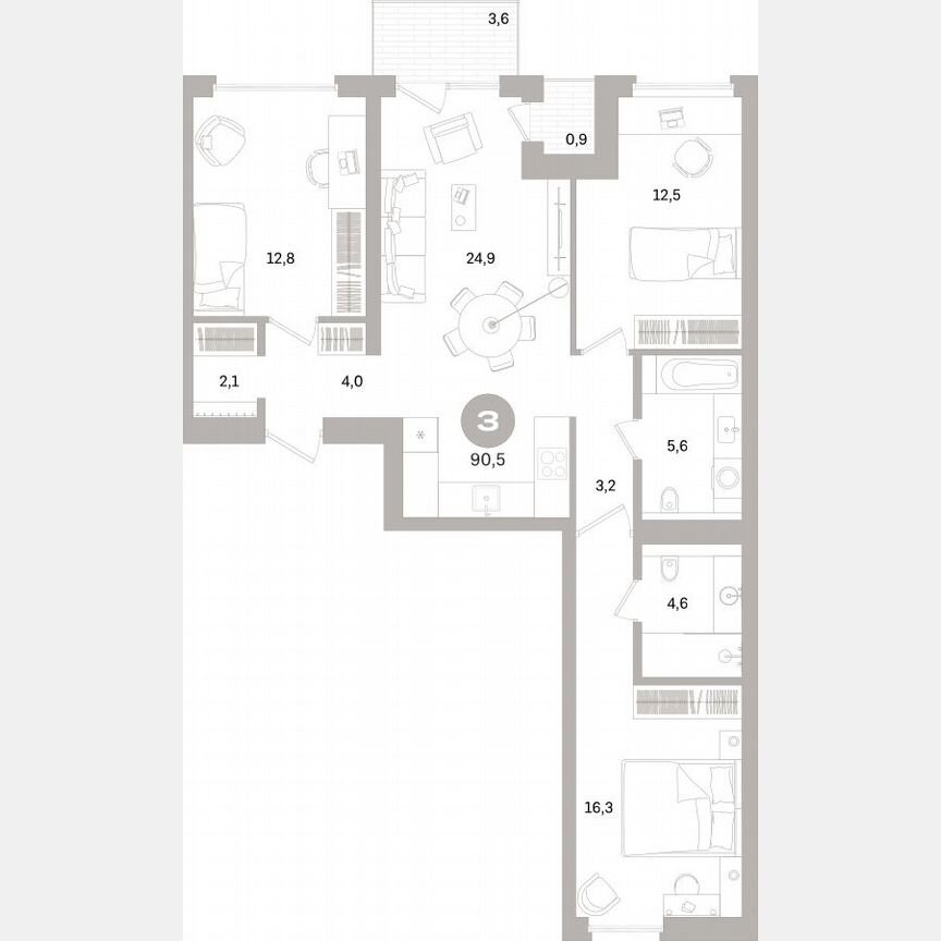 3-к. квартира, 91 м², 5/16 эт.