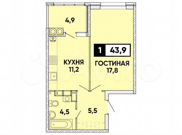 1-к. квартира, 44 м², 23/24 эт.