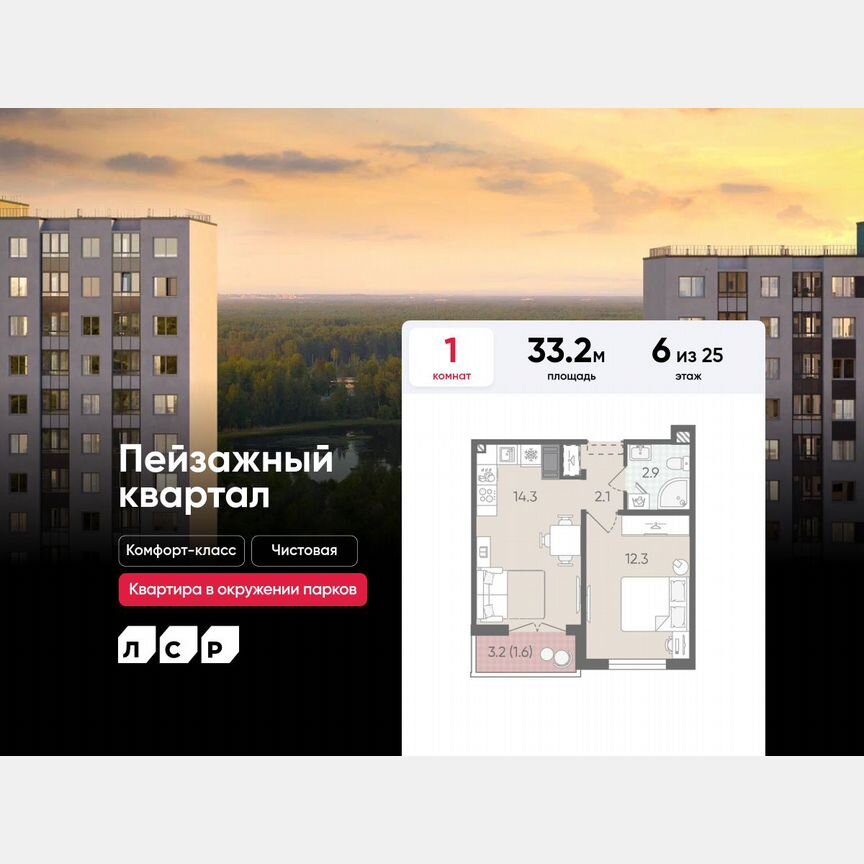 1-к. квартира, 33,2 м², 6/25 эт.