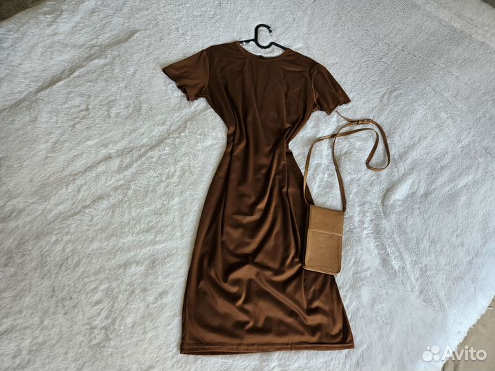 Платье футболка макси длинное коричневое легкое М