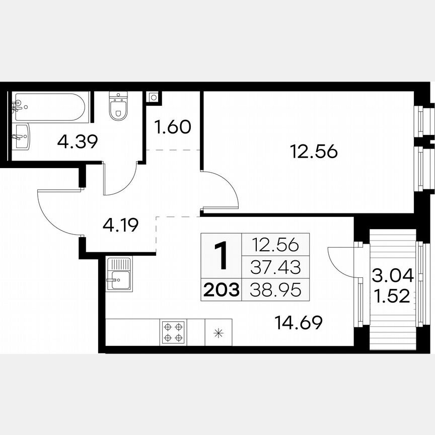 1-к. квартира, 39 м², 7/15 эт.