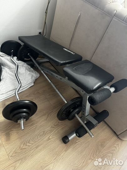 Скамья, штанги, блины, гантели