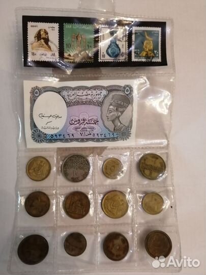 Египетские монеты+марки+бумажная купюра