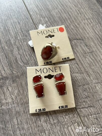 Monet, винтаж, серьги и кольцо красный камень