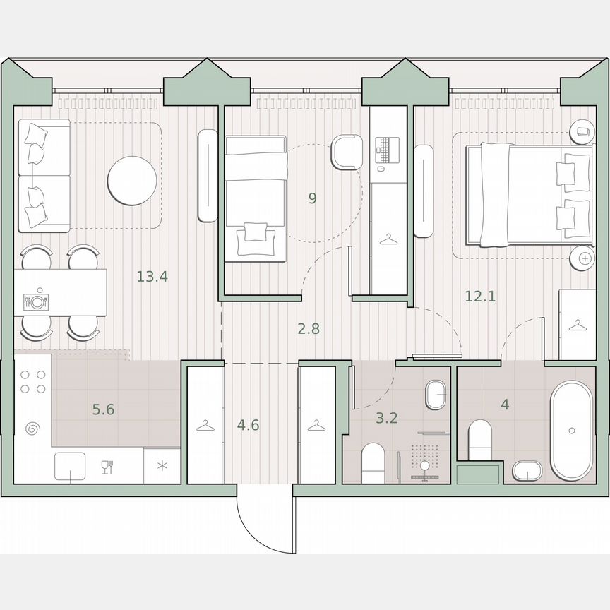2-к. квартира, 54,7 м², 12/13 эт.