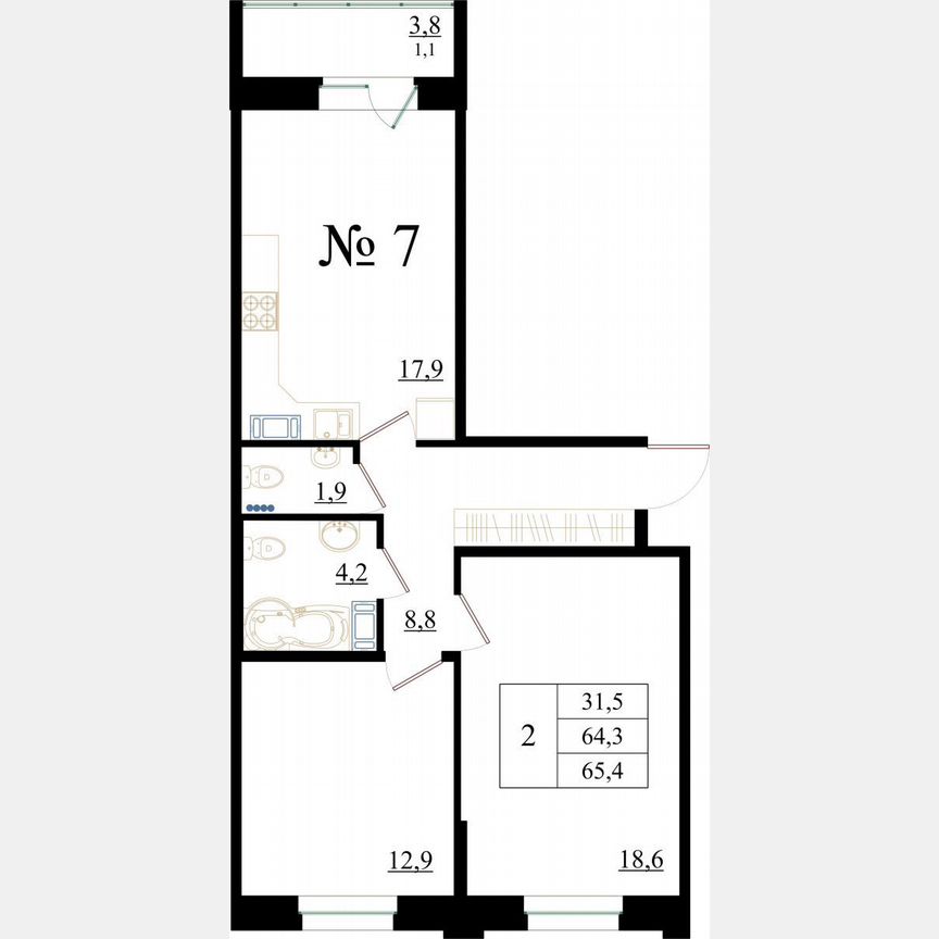 2-к. квартира, 65,4 м², 1/8 эт.