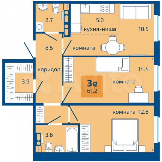 3-к. квартира, 61,2 м², 6/10 эт.