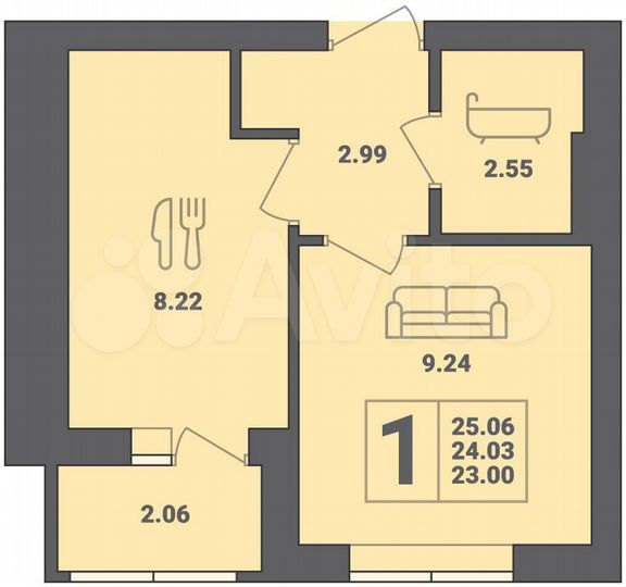 1-к. квартира, 25,1 м², 4/6 эт.