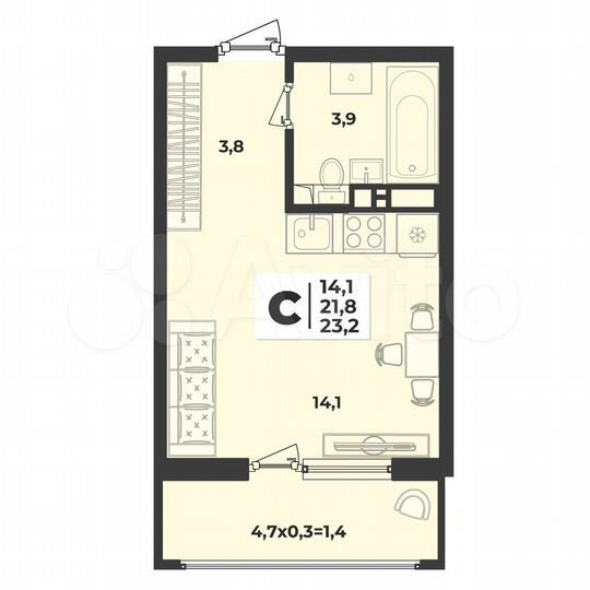 Квартира-студия, 23,2 м², 4/9 эт.