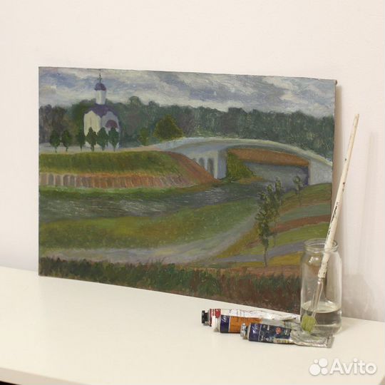 Картина маслом пейзаж с церковью этюд