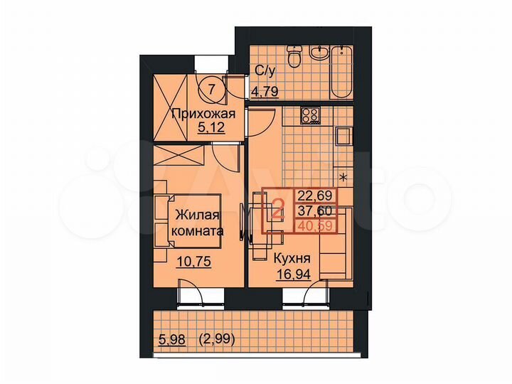 2-к. квартира, 40,6 м², 3/19 эт.