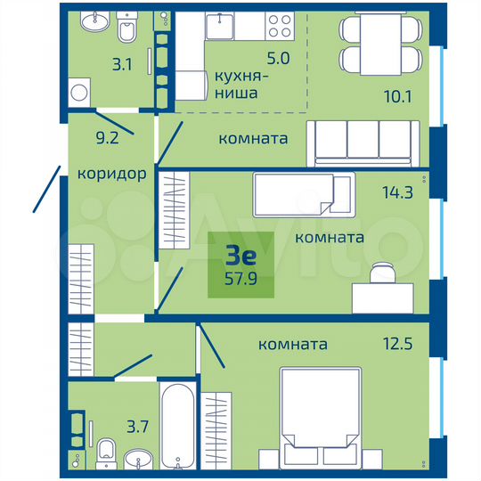 3-к. квартира, 57,9 м², 7/10 эт.