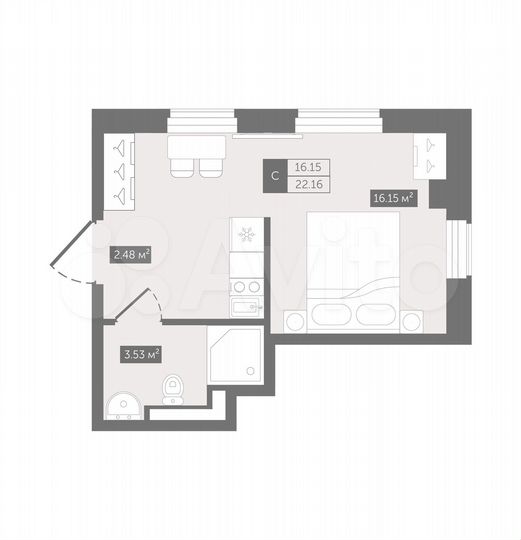 Апартаменты-студия, 22,2 м², 3/13 эт.