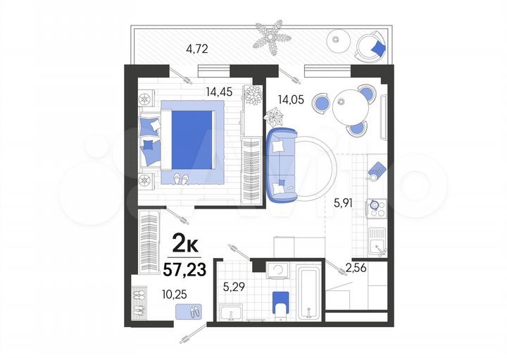 2-к. квартира, 57,2 м², 2/5 эт.