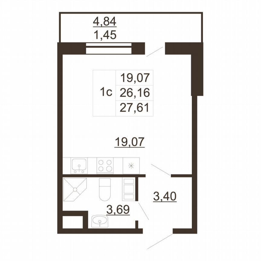 Квартира-студия, 27,6 м², 3/6 эт.