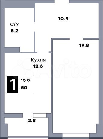 1-к. квартира, 50 м², 3/14 эт.