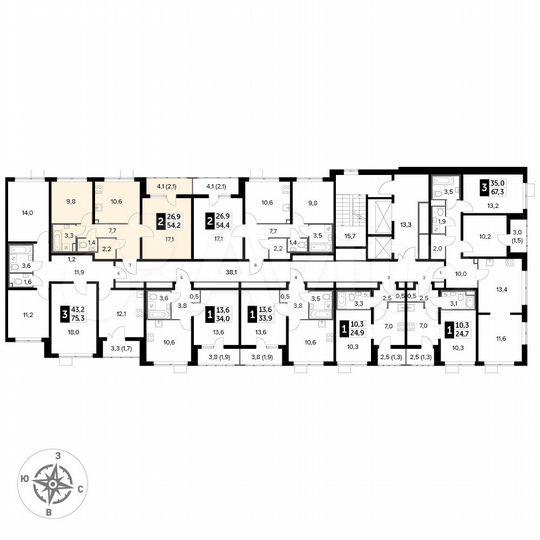 2-к. квартира, 54,2 м², 10/25 эт.