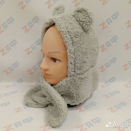 Меховая шапка-шарф с ушками 9770, серая