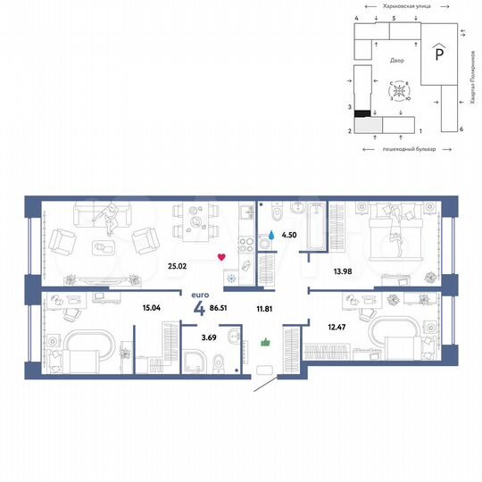 4-к. квартира, 86,5 м², 3/25 эт.