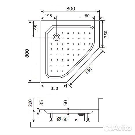 Душевой поддон акриловый.Трапеция 80х80см