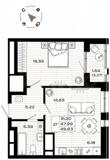 1-к. квартира, 49,6 м², 3/9 эт.