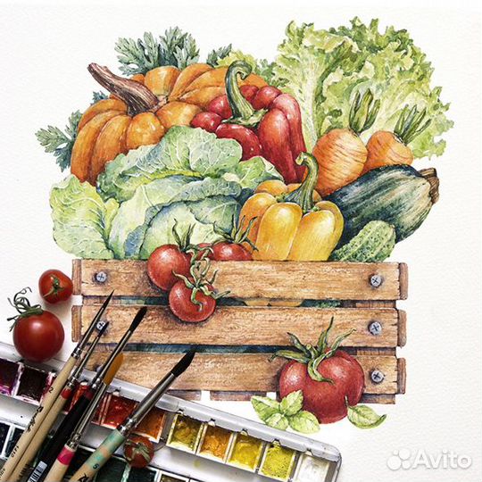 Картина акварель 23х23см Ящик с овощами