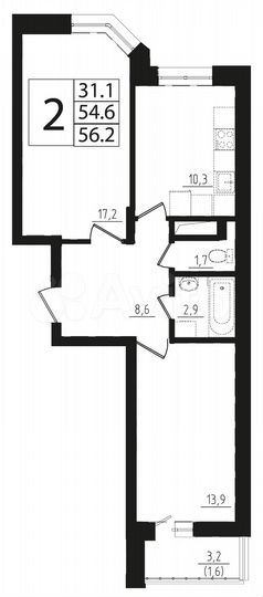 2-к. квартира, 56,2 м², 17/17 эт.
