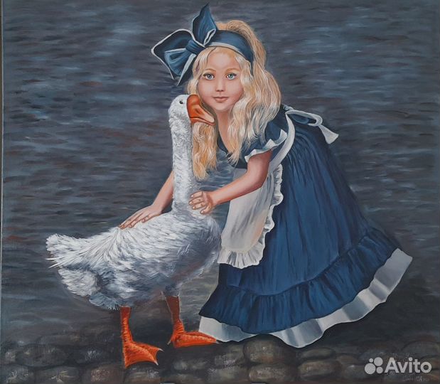 Картина большая масло холст девочка с гусем