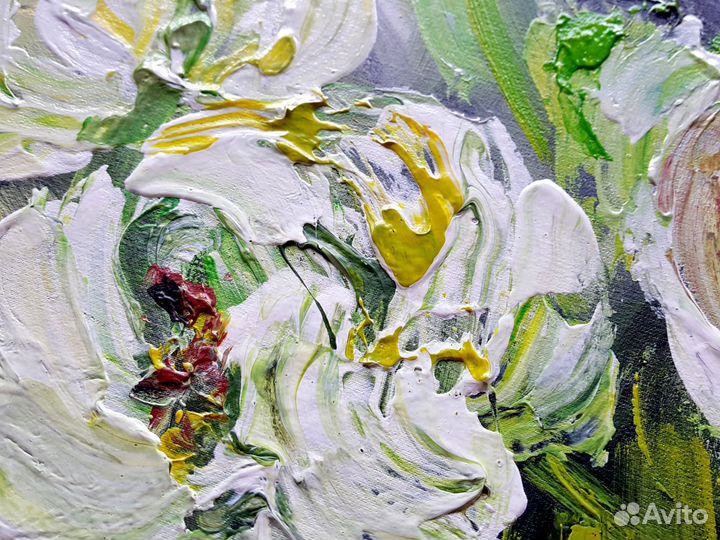 Текстурная картина Цветы Белые Пионы 50 на 50 см