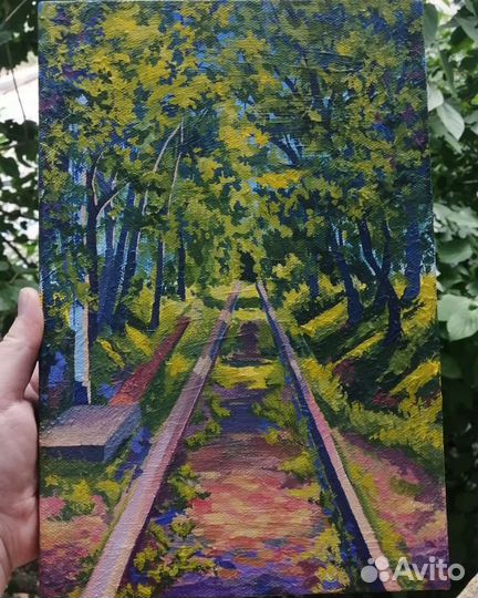 Картина, железная дорога, лес, пейзаж