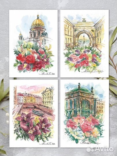 Авторские акварельные открытки с Санкт-Петербургом