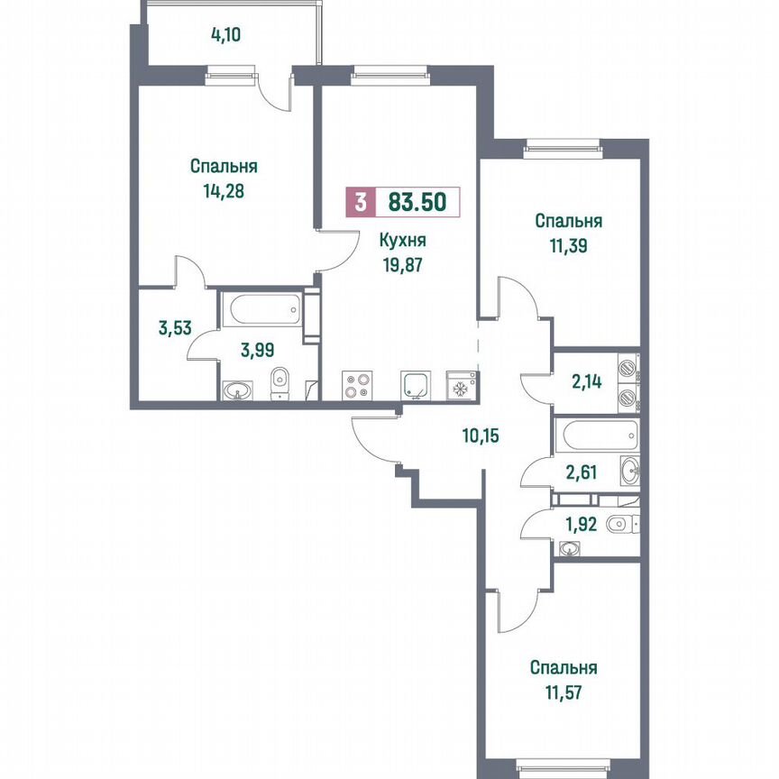 3-к. квартира, 83,5 м², 6/16 эт.
