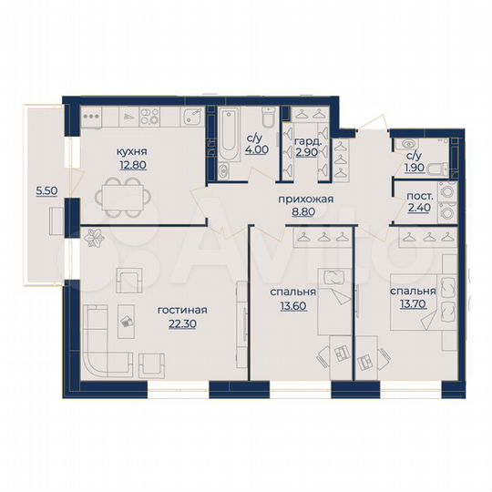 3-к. квартира, 80,4 м², 2/15 эт.