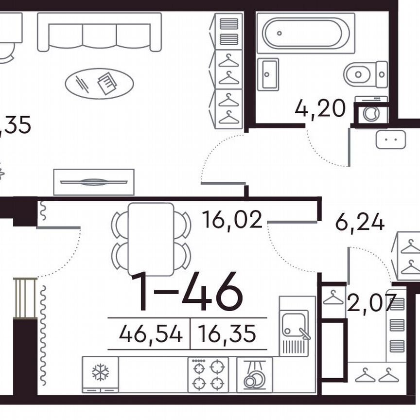 1-к. квартира, 46,8 м², 6/8 эт.