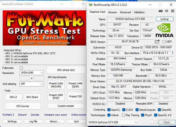Игровая Видеокарта Asus GTX 650 1gb gddr5
